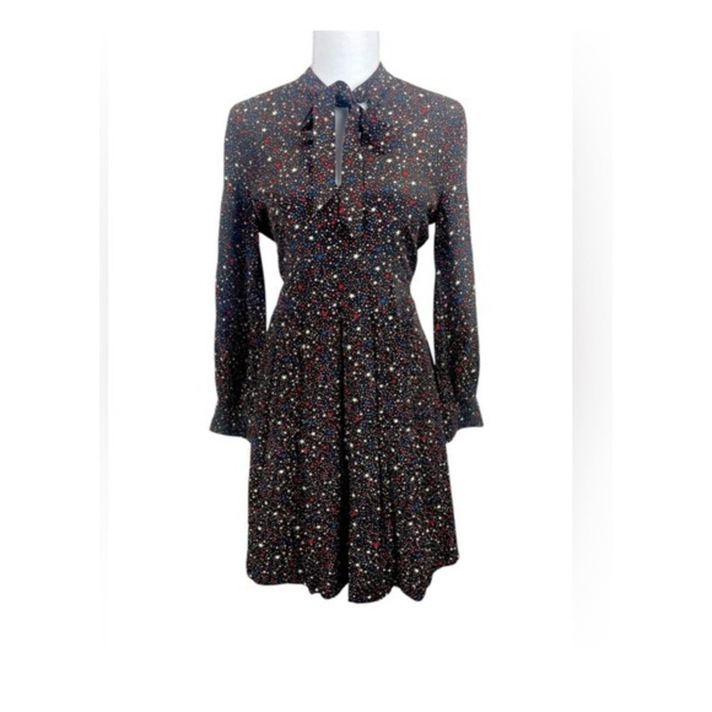 Madewell Silk Tie-Neck Mini Dress Star Print Womens 8 Black J9281